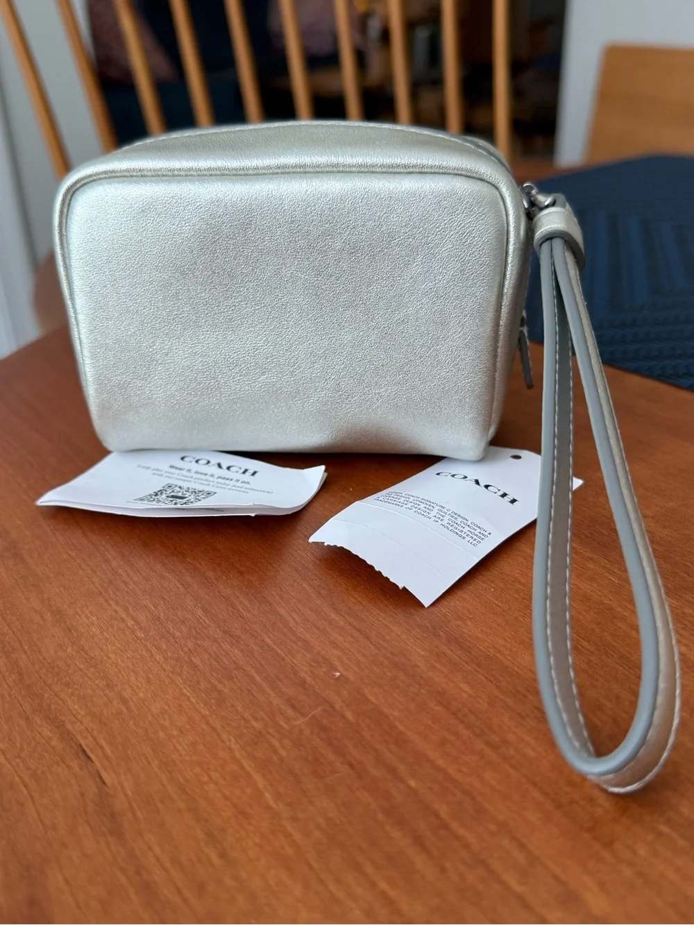 Coach Square Pouch Wristlet in metallic light silver NWT